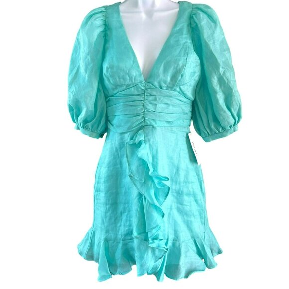 Bardot Women's Aura Aqua Puff Sleeve Mini Dress Ruffle Hem V-Neck NWT Size 4 - Picture 1 of 6